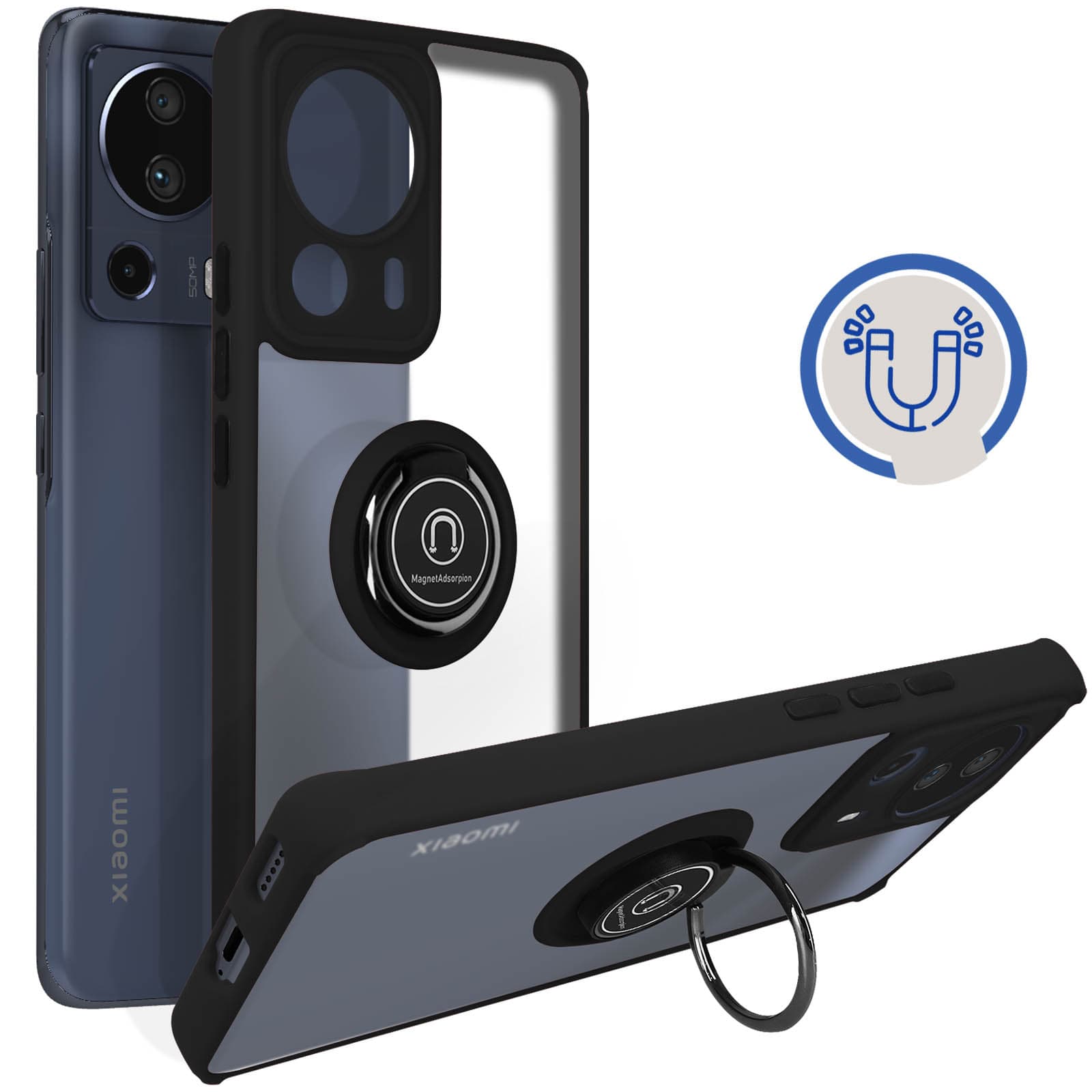 Coque Xiaomi 13 Lite Anti-traces, Bague Support Métallique - Noir