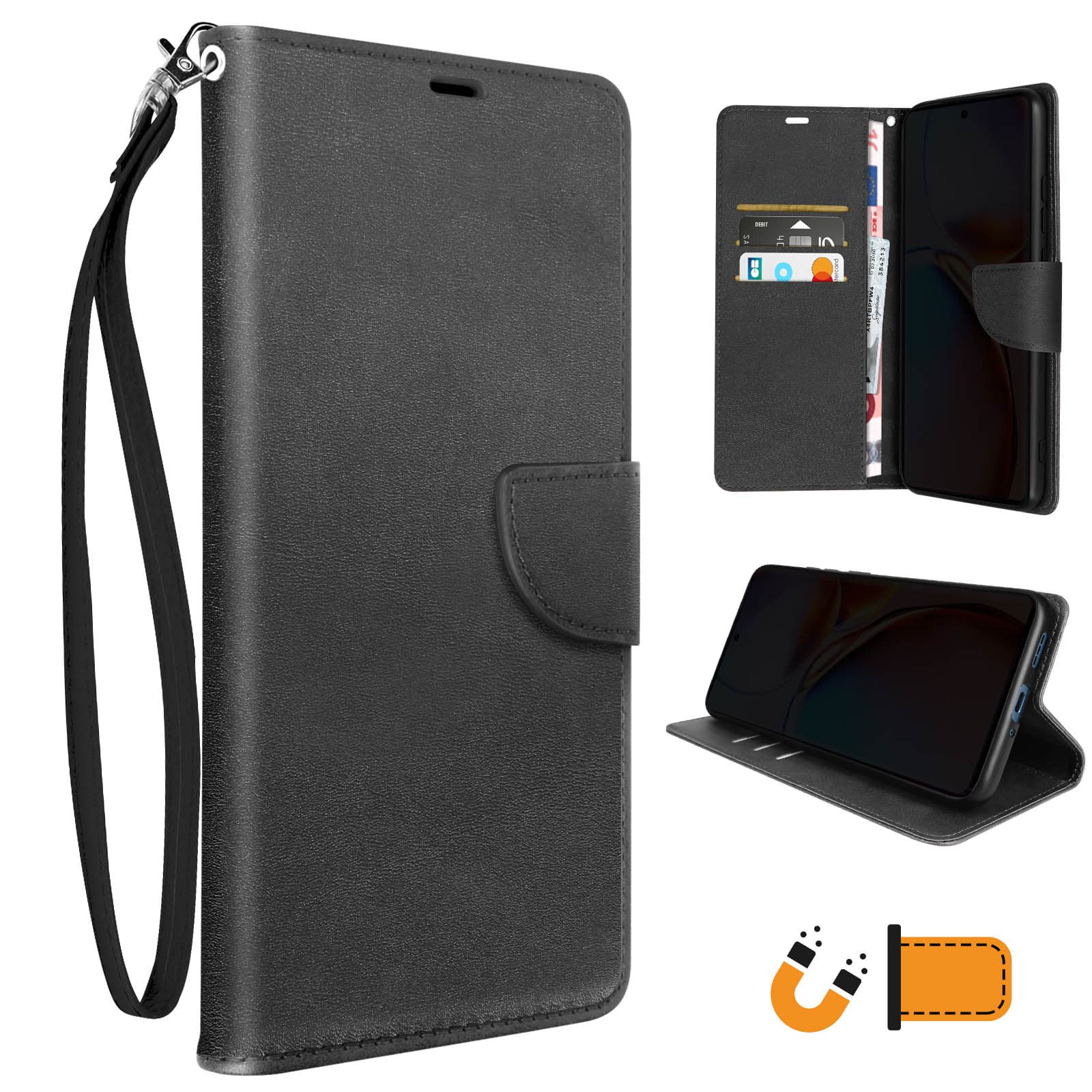 Étui Portefeuille Motorola Moto Edge 40 Pro, Série Bara Soft Leather - Noir